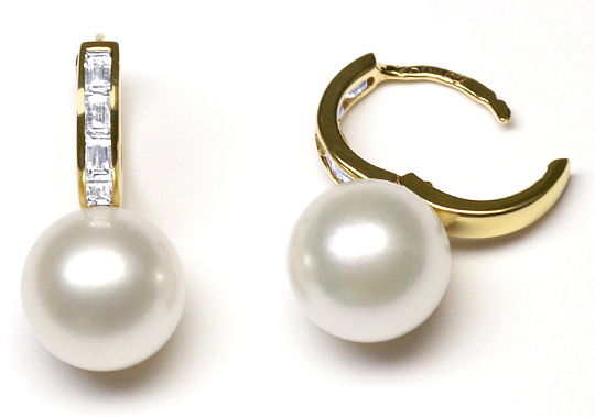 Foto 1 - Ohrringe mit Diamant Baguetten und Zuchtperlen Gelbgold, S3135